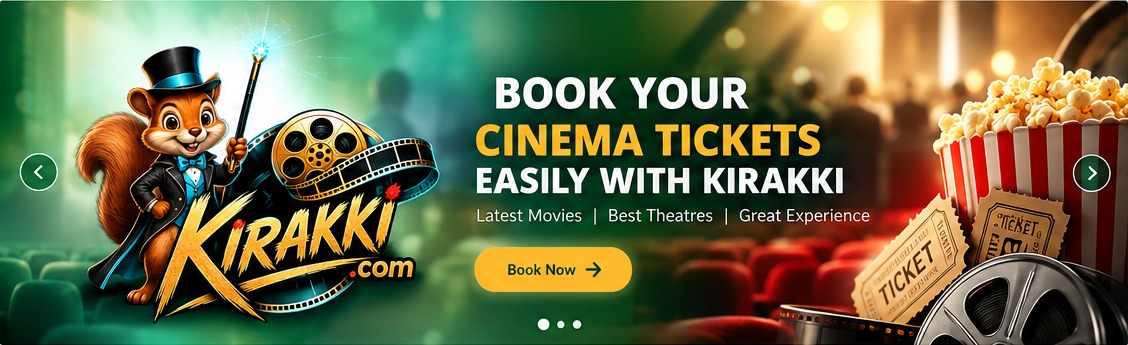 Kirakki cinema banner with movie theatre, film reel and mascot